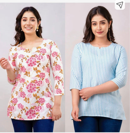 Two women wearing floral and striped tops with product details on a light gray background.